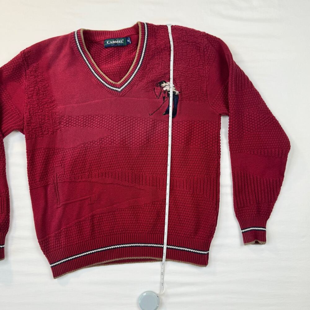 Vintage Golf Sweater Burgundy Red Knit V-Neck Embroidered Cotton USA Made Medium - Picture 7 of 13
